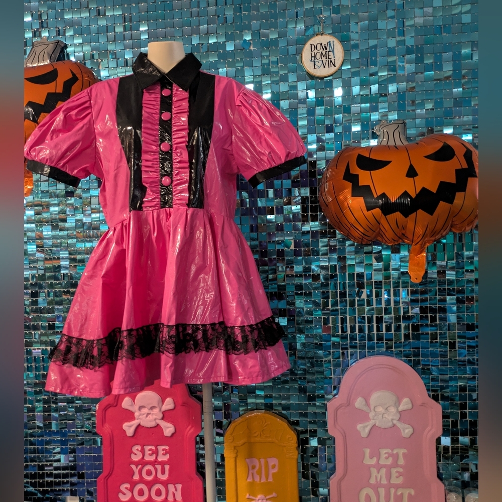 Pink & Black PVC BabyDoll Dress + Stockings